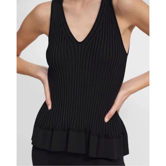 Theory Tank Top Womens Large Black V-Neck Sleeveless Flared Hem Rib Knit Stretch - Picture 5 of 9